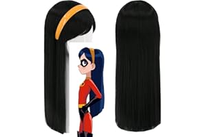 Topcosplay Girls Kids Wigs Black Long Straight Cosplay Halloween Costumes Party Wig with Headband(1849)