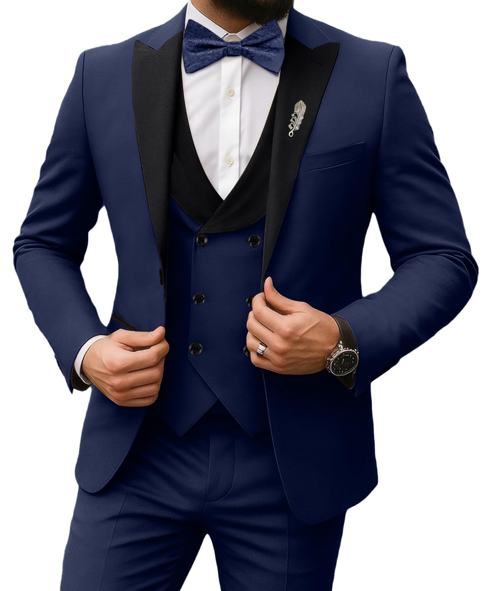 Photo 1 of Men's Slim Fit Suit 3 Piece Double Breasted Business Tuxedo Suits for Work Jacket Vest Pants Suit Set for Men Navy M