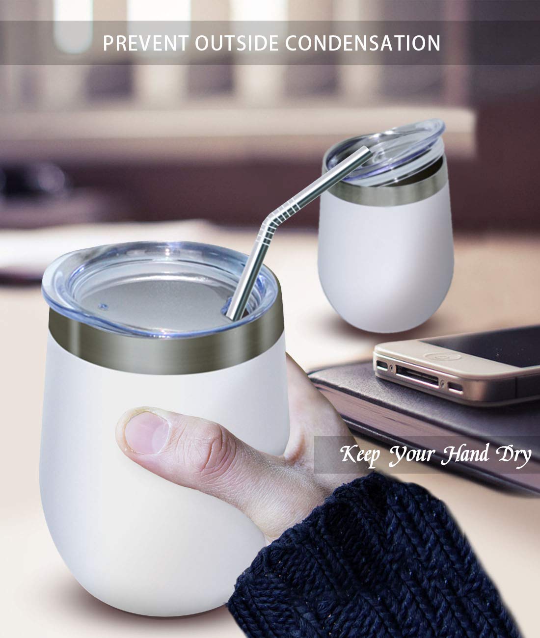 Wine Tumblers, GIGRIN 2 Sets Stemless Insulated Wine Glasses 12oz with Lid and Straw, Stainless Steel Wine Cup for Coffee, Drinks, Cocktails - Cleaning Brushes for Washing Inside of Glass and Straw