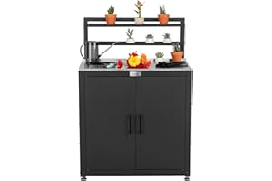 FEASTO Garden Potting Bench with Storage Cabinet,Outdoor Gardening Table & Work Bench for Plants, Horticulture,Outdoor Workstation with Stainless Steel Tabletop,Outdoor Work Table with Elevated Rack
