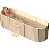 Portable Bathtub for Adults 59" Large Foldable No-Installation Soaking Tub | for Shower Stall, Collapsible Standing Plunge Bath with Lid, 5-Layer Insulated Liner, Fast Drain (Beige, 59"&times;21.6"&times;19.6")