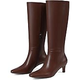 INSMIA Womens Dark Brown Boots Kitten Heel Square Toe Leather Dresses Comfortable Tall Boot Narrow Calf Side Zipper Low Heel Shoes Wedding Size 7