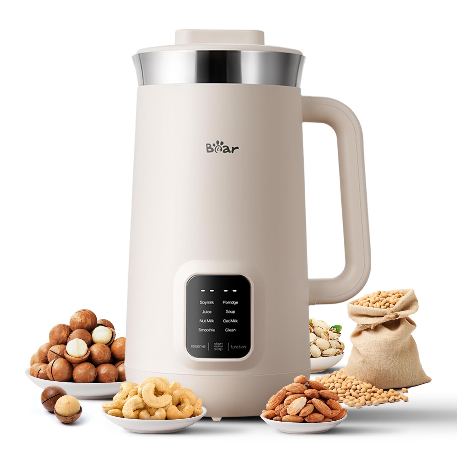 Máquina para hacer leche de nueces Bear 8 en 1, máquina para hacer leche de soja de 40 oz/1,2 l con autolimpieza/retraso de 12 horas/6 horas para mantener caliente, máquina para hacer leche de almendras con un solo toque para avena casera, sopa, jugo, bebidas a base de plantas y no lácteas