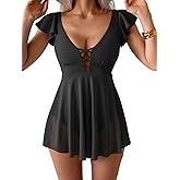 Aidonger Women's One Piece Ruffle Swimsuit Sexy Mesh One Piece Swim Dress Tummy Control V Neck Swimwear