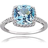 Ice Gems Sterling Silver Light Blue and Clear Cubic Zirconia Cushion-Cut Halo Ring
