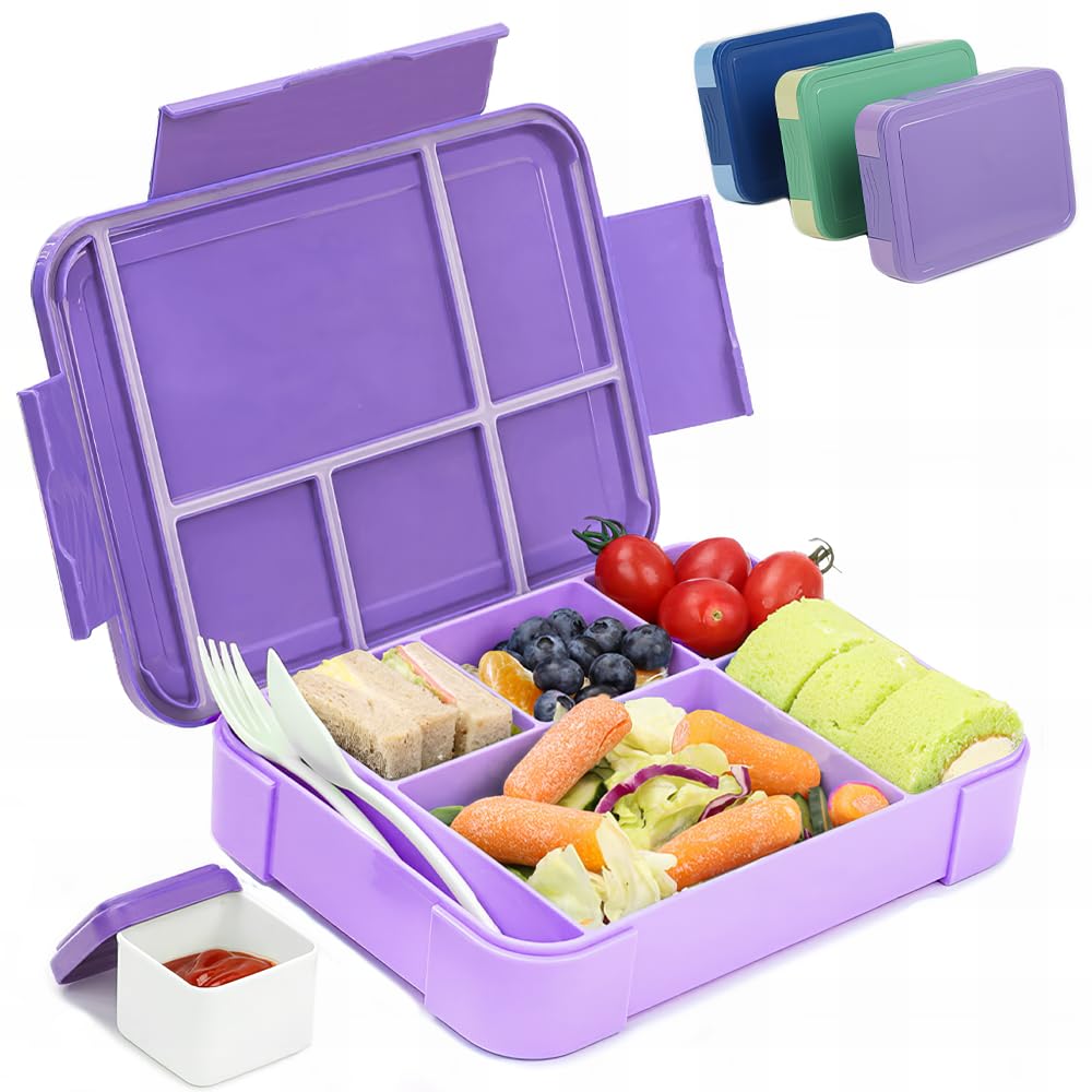 Bugucat Bento Lunch Box 1330ML,kids Lunch Box Bento Boxes with 6 Compartments Cutlery,Leak Proof Lunchbox Snack Boxes for Kids Adult,Kids Lunch Box with Compartments for School Kindergarten Purple
