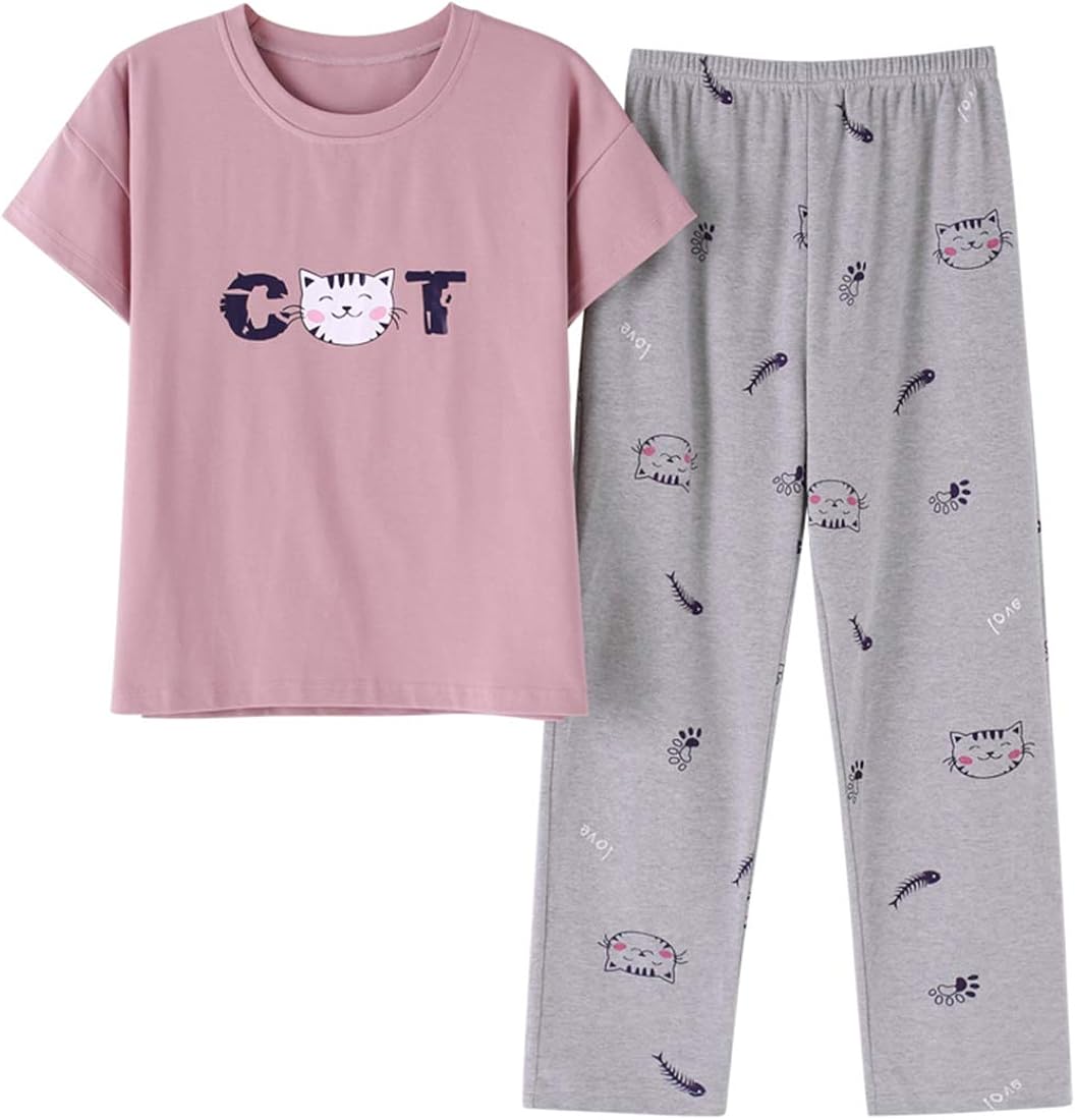 Big Girls Pajamas Set Short Tshirt and Long Pant Cartoon Sleepwear Cute PJS for