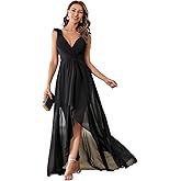 MIMIFINA Women's Elegant V Neck Pleat Sleeveless Chiffon Ruffled Straps High-Low Hem Party Maxi Formal Dress