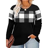 CARCOS Plus Size Tops for Women Color Block Flower/Striped/Camo Crew Neck Long Sleeve Tee Shirt