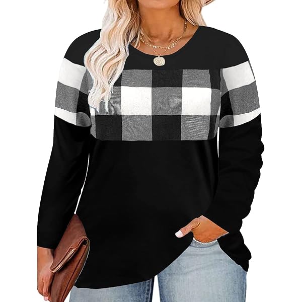 Lu's Chic Women's Plaid Print Long Sleeve Tunic Top - Loose Fit, Crew Neck, Comfy Casual Shirt For Leggings