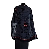 JJcollection JennyJames Silk Base Burn-out Velvet Half Circle Wrap/Shawl,72"x42",Rose,Black w/Red Sequins