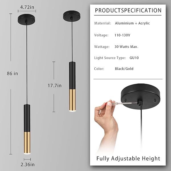 XIYAZG MODERN BLACK AND GOLD PENDANT LIGHT FIXTURE FOR KITCHEN ISLAND, 1-LIGHT PENDANT LIGHTING, LIGHTS CORD ADJUSTABLE, MATCHING GU10 LAMP HOLDER,FOR LIVING ROOM BEDROOM DINING ROOM(3PACK)