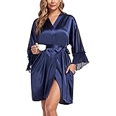 Women's Short Satin Robes Lightweight Kimono Bathrobe Ruffle Hem Bride Bridesmaids Wedding Party Sleepwear