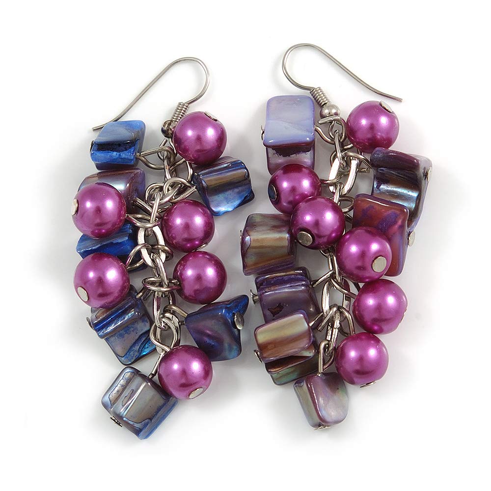 Purple Glass Bead, Shell Nugget Cluster Dangle Earrings/Silver Tone/ 60mm Drop