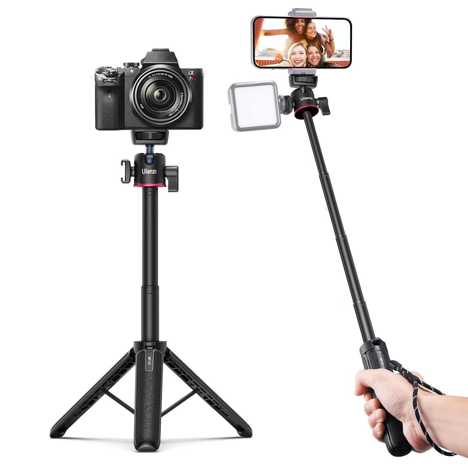 Ulanzi MT-73 ミニカメラ三脚 4段伸縮 自撮り棒 コールドシュー付き 卓上三脚 360度自由雲台 スマホ三脚 1/4ネジ穴 持ち運び便利 vlog ビデオ セルカ棒 ストラップ付き Sony/Canon/Nikon/Android/iPhone/アクションカメラなどに対応商品画像