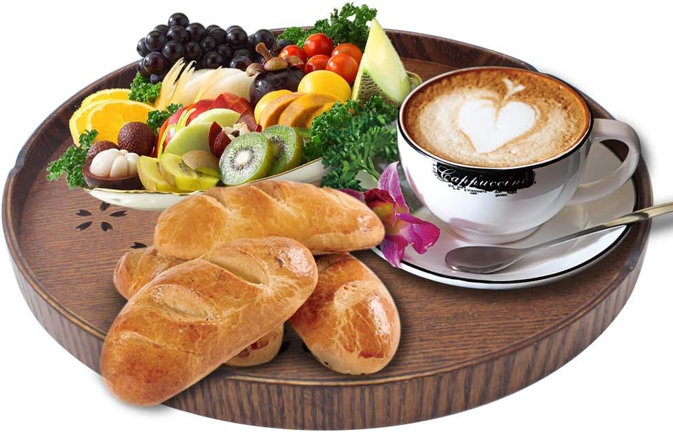 Round Wooden Serving Tray For Tea Coffee Food Tray With Japanese Style Sakura Holes