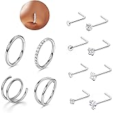 12Pcs Nose Rings Hoops and Nose Studs: 16G/18G/20G 316L Surgical Steel Septum Nose Rings for Women Men - CZ Hinged Clicker Helix Tragus Daith Cartilage Earrings Silver Gold Body Piercing Jewelry Set
