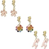 3 Pairs Cute Clip On Earrings for Women Non Piercing Floral Animal Smile Face Pendant Pink White Gold Small Dangle Drop Earrings Jewelry Gifts