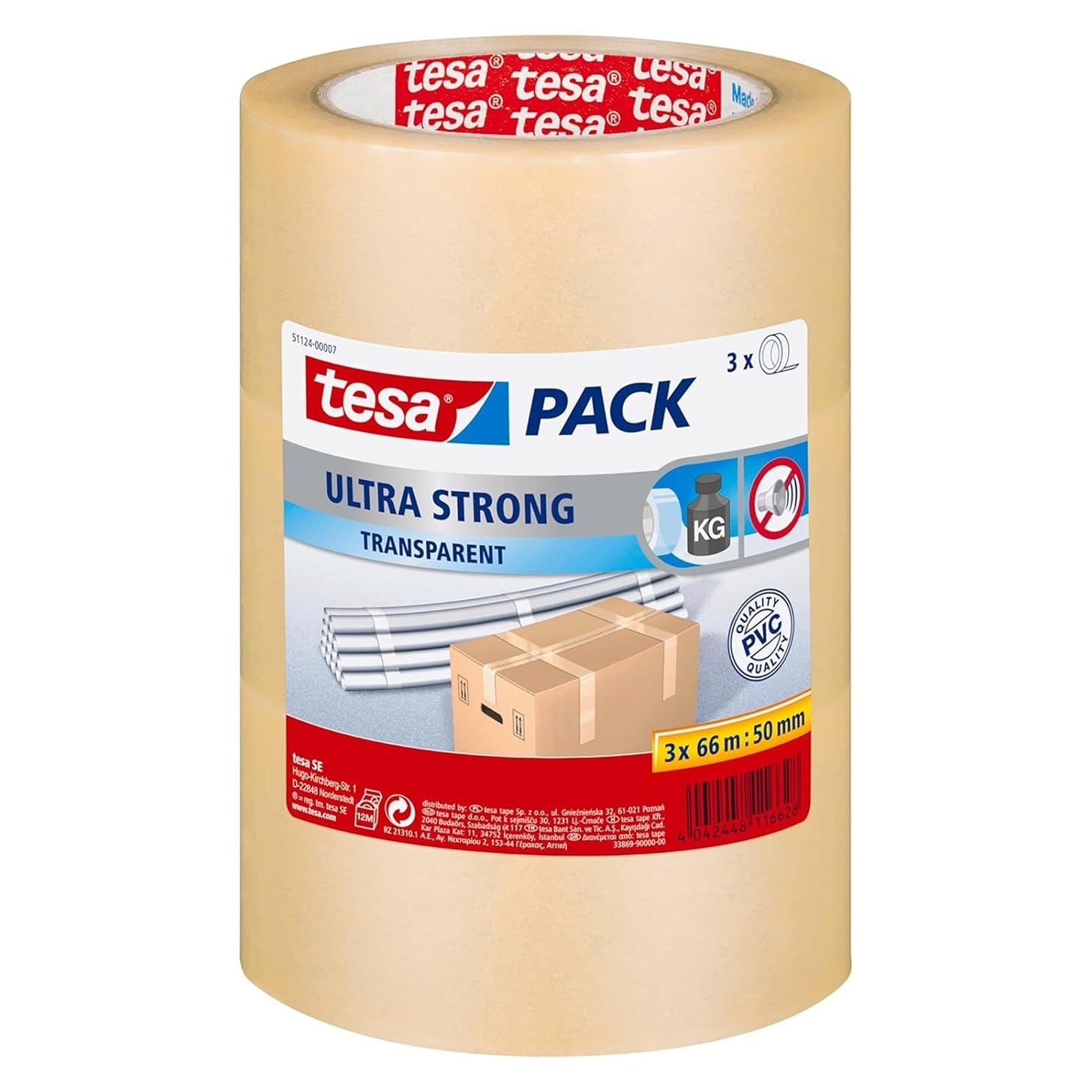 tesapack Ultra Strong - PVC Packing Tape for Firm Packaging and Secure Packing - Transparent - 66 m x 50 mm, Pack of 3