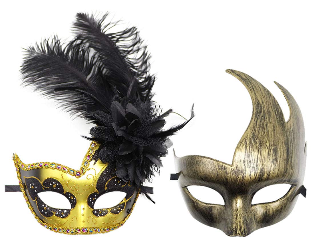 Coolwife Couple Feather Mask Masquerade Halloween Mardi Gras Cosplay Party Costume Masks (Couple Gold Black)