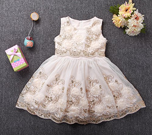 Ruffles Lace Bow Flower Tulle Princess Formal Wedding Birthday Party Dress for Toddler Baby Girl (5-6 Years, Champagne 3D)