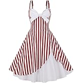 Women Spaghetti Straps 50s Vintage Stripes Cocktail Swing Dress Sleeveless Color Block Retro 1950s Audrey Hepburn Rockabilly Prom Tea Dress Wedding Fit Flare Skater Midi Dress White Red-Stripes 2XL