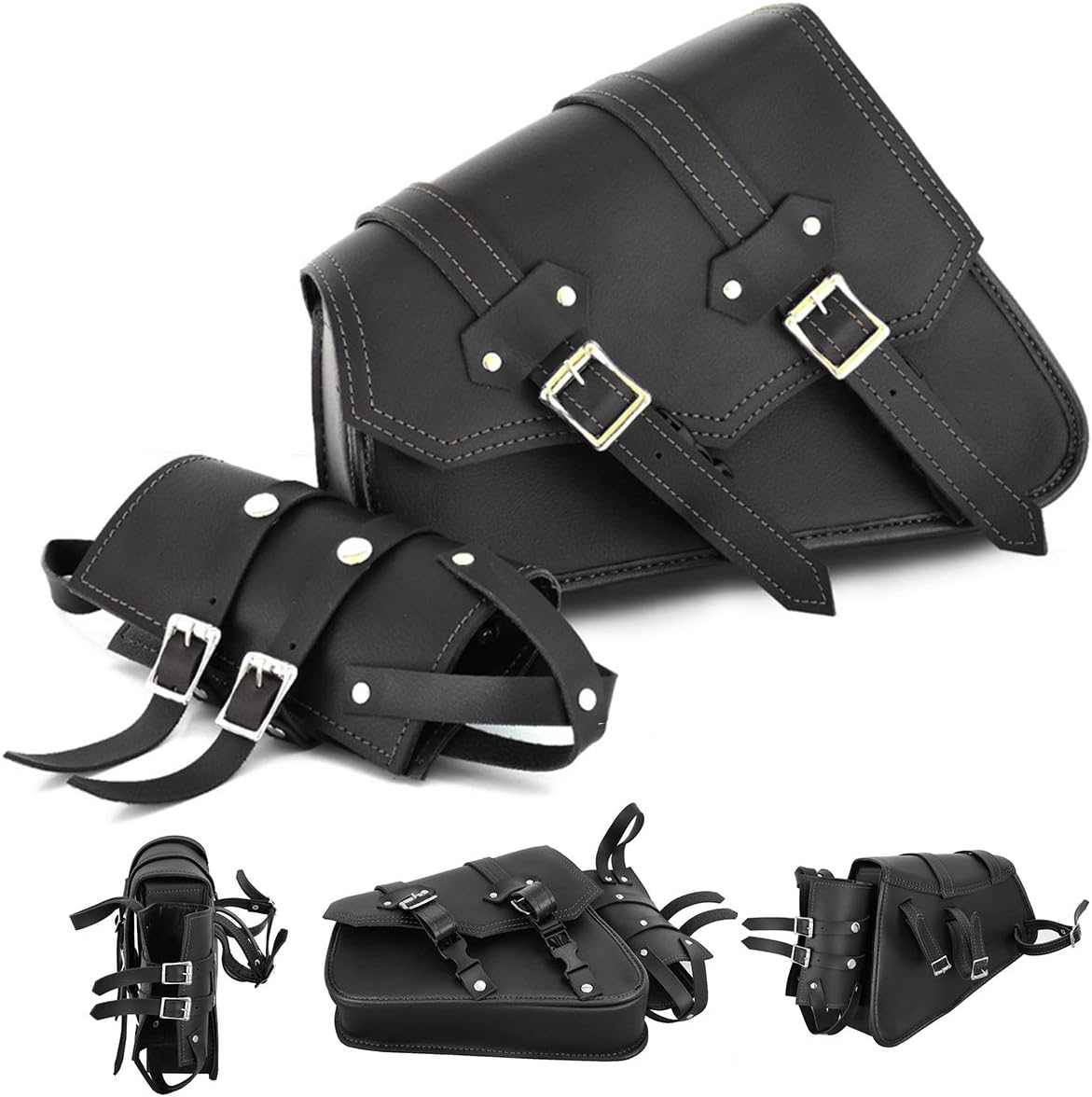 246-Black Motorcycle Saddle bag Leather Motorbike Solo Left side Single with Bottle holder Equipment Storage Organizer Seat pack Saddle bag Waterproof Storage tool Box