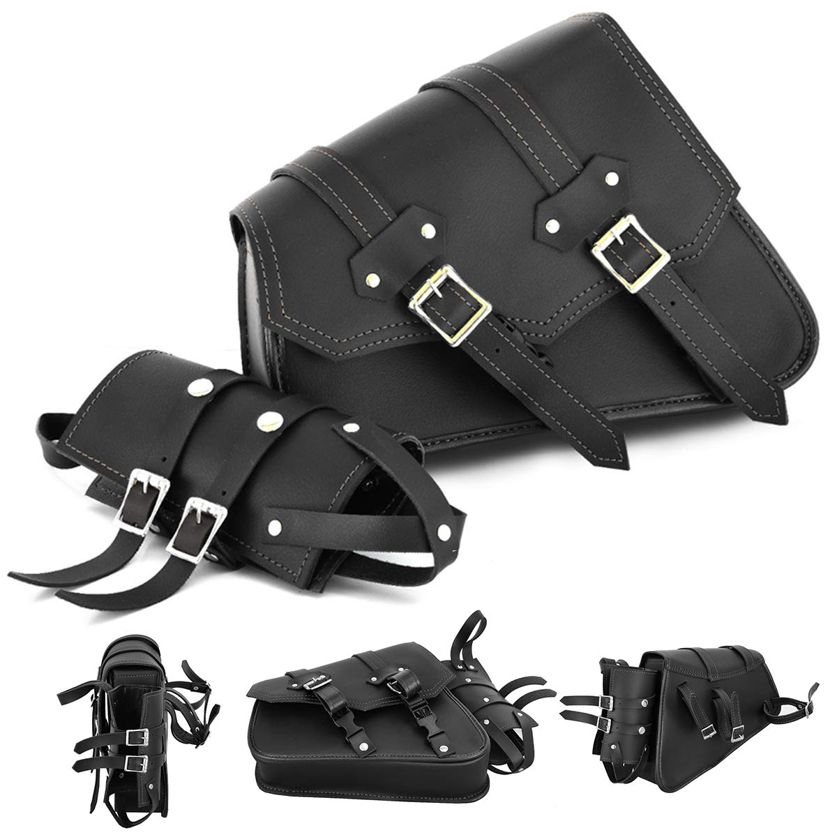 246-Black Motorcycle Saddle bag Leather Motorbike Solo Left side Single with Bottle holder Equipment Storage Organizer Seat pack Saddle bag Waterproof Storage tool Box