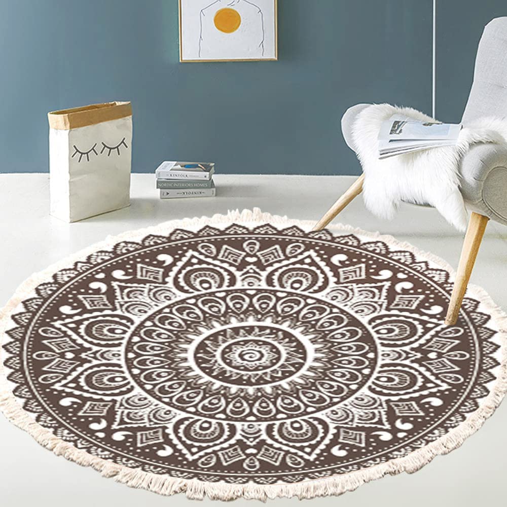 Vintage Boho Cotton Rugs, Mandala Pattern, Washable Hand Woven Bohemian Round Rug with Tassels for Bedroom, Hallway, Living Room, Coffee Table, Doormats, Machine Washable, 80 cm, Flowers #19 — image 1