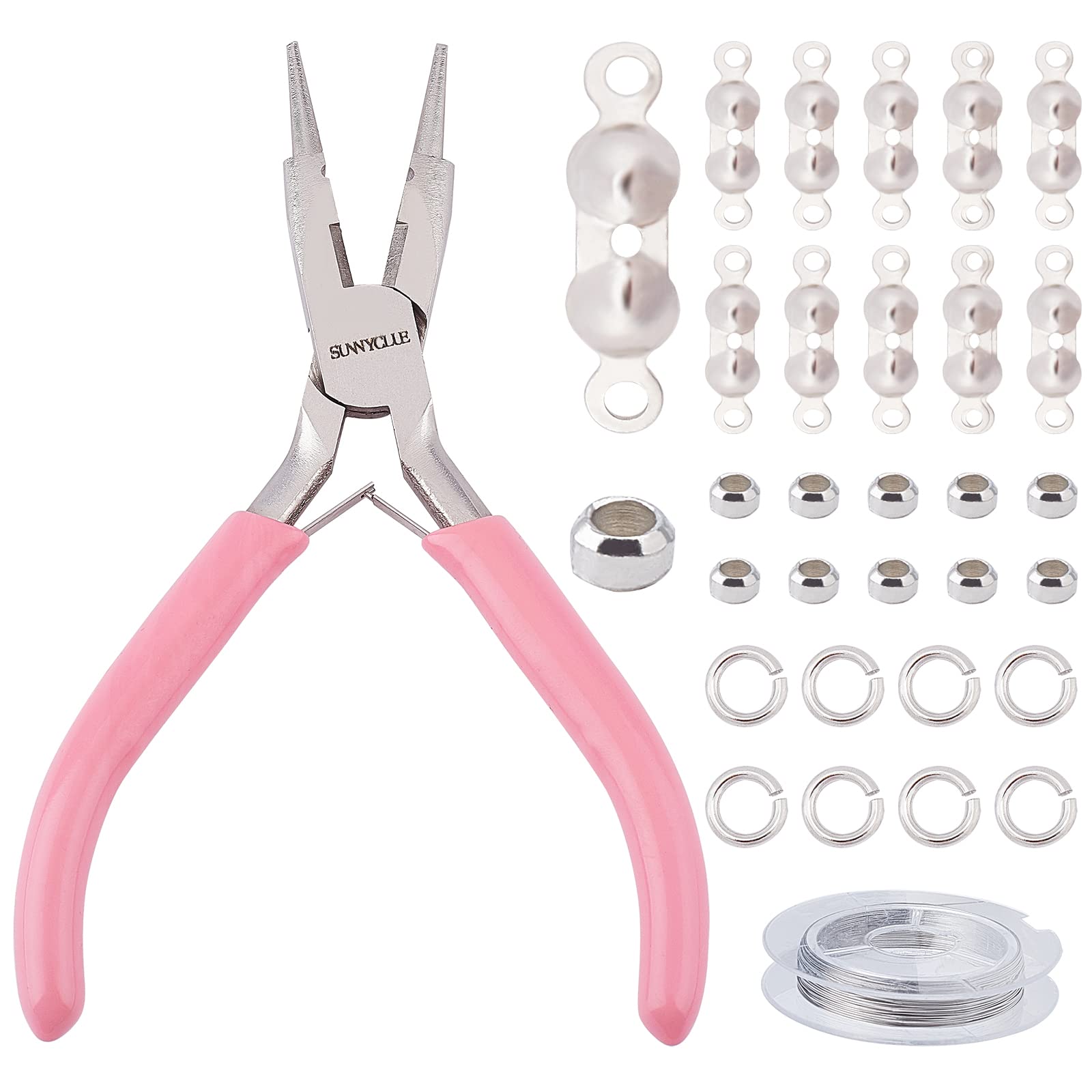 SUNNYCLUE Jewelry Pliers Making Supplies Kit Round Nose Pliers 32Feet Copper Jewelry Wire 40pcs Jump Rings 40pcs Crimp Beads & 40pcs Bead Tips for Jewelry Pliers Findings