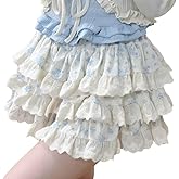 RILGOU Kawaii Gothic Vintage Casual Style Elastic High Waist Lace Hem Trim Floral Pattern Layered Short Skirt