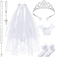 Funtery 6 Pcs Girls First Communion Veils Catholic Set 1st Communion Wreath Veil Headpiece Sock Necklace Bracelet Kid Wedding