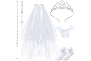 Funtery 6 Pcs Girls First Communion Veils Catholic Set 1st Communion Wreath Veil Headpiece Sock Necklace Bracelet Kid Wedding