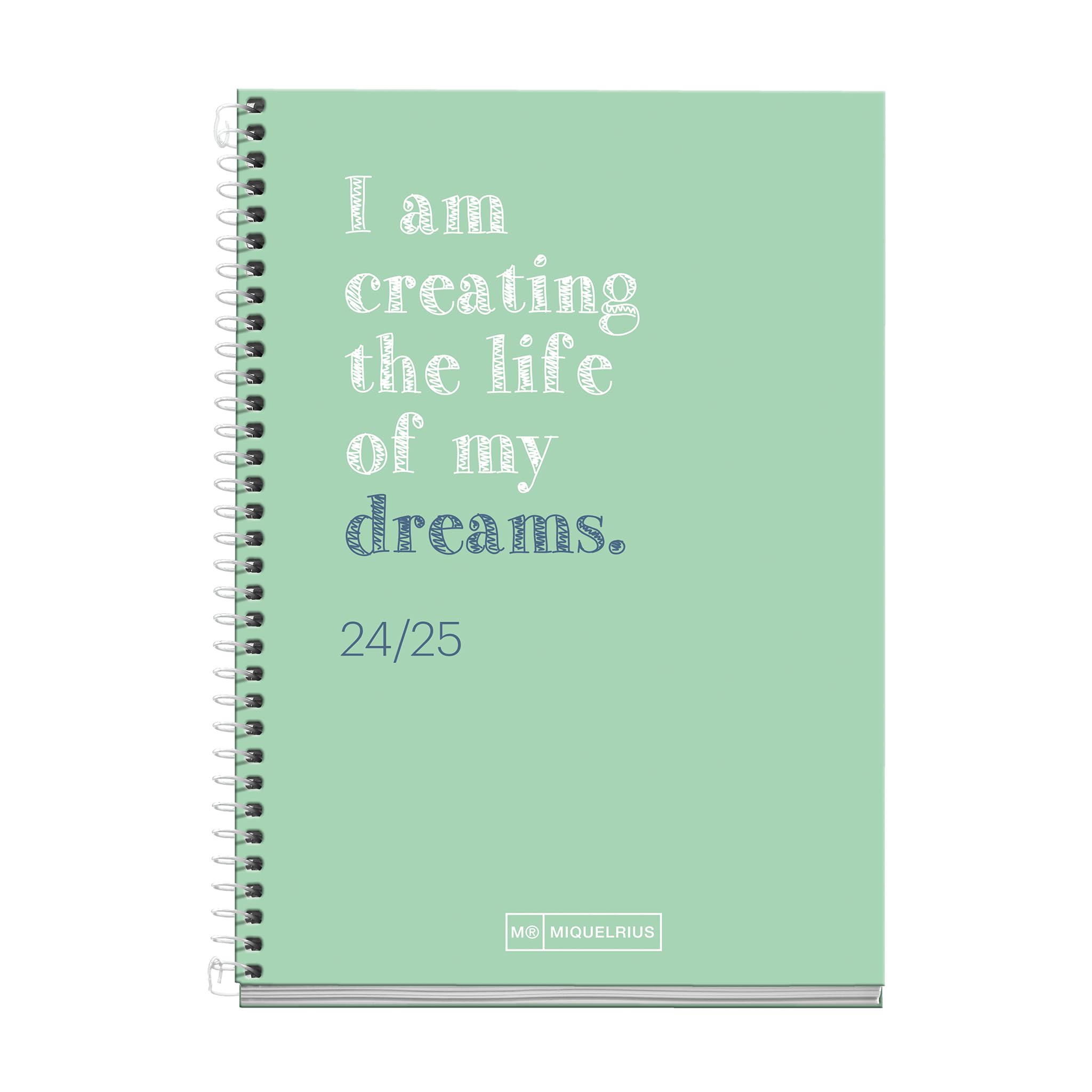 Miquelrius - School Diary 2024-2025, September 24 to June 25, 117 x 174 mm, Day Page Agenda, Lined Cardboard Cover, Agenda 2024 2025, White Metallic Spiral, Spanish and English, Write Green