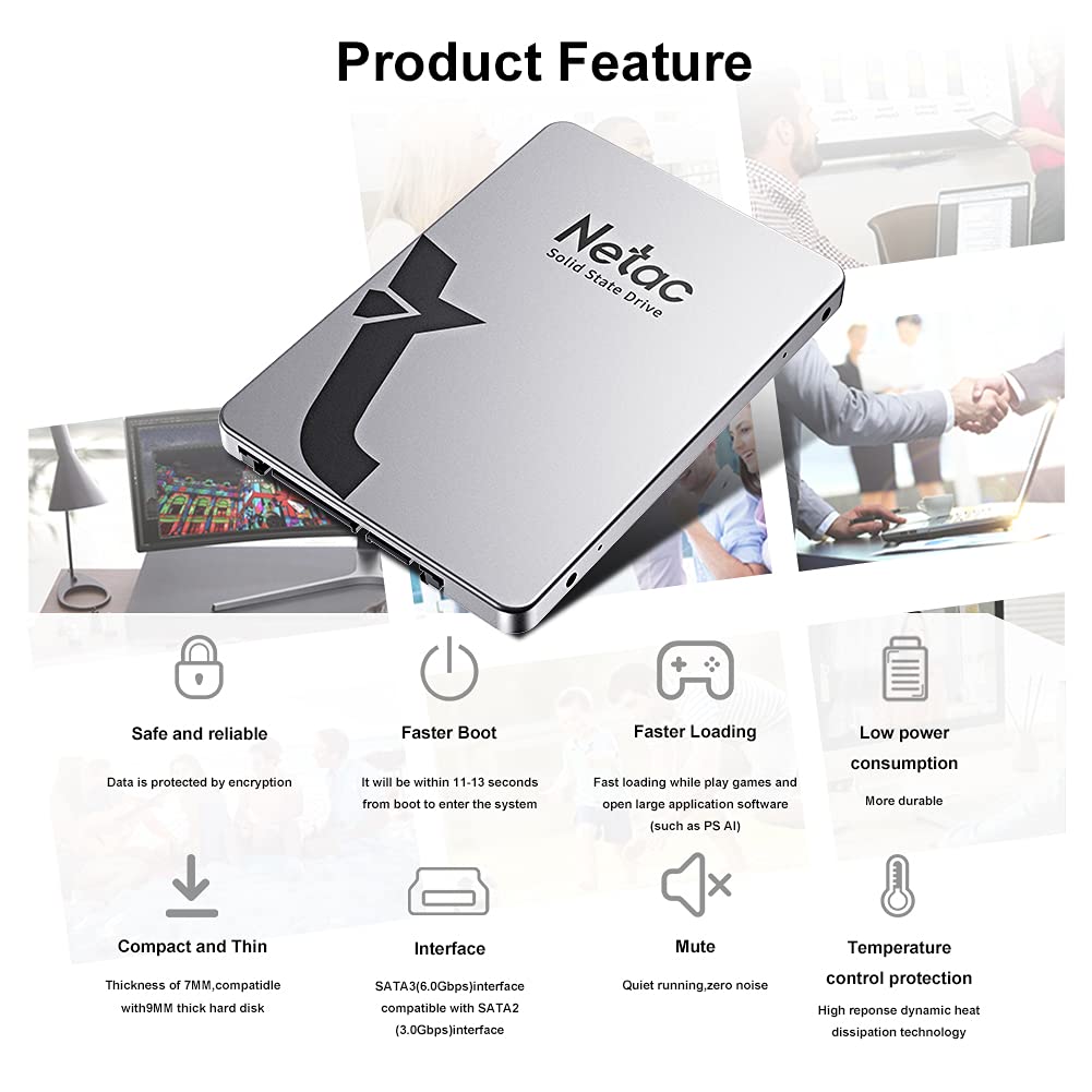 Netac SSD 512GB, SSD Festplatte Intern Sata 3.0 2,5 Zoll für Laptop, PC, Desktop, (N530S, Aluminiumlegierung, Silber grau) 2