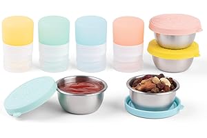 MICEBAY 8-Pack Salad Dressing Container To Go, 1-oz Silicone Small Condiment Squeeze Bottles and 1.6 oz Stainless Steel Sauce Containers Cups, Leakproof Condiment Containers with Lids for Lunch Box