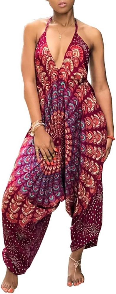 Speedle Women Spaghetti Strap V Neck Backless African Paisley Floral Print Jumpsuits Romper Dashiki Bodysuit