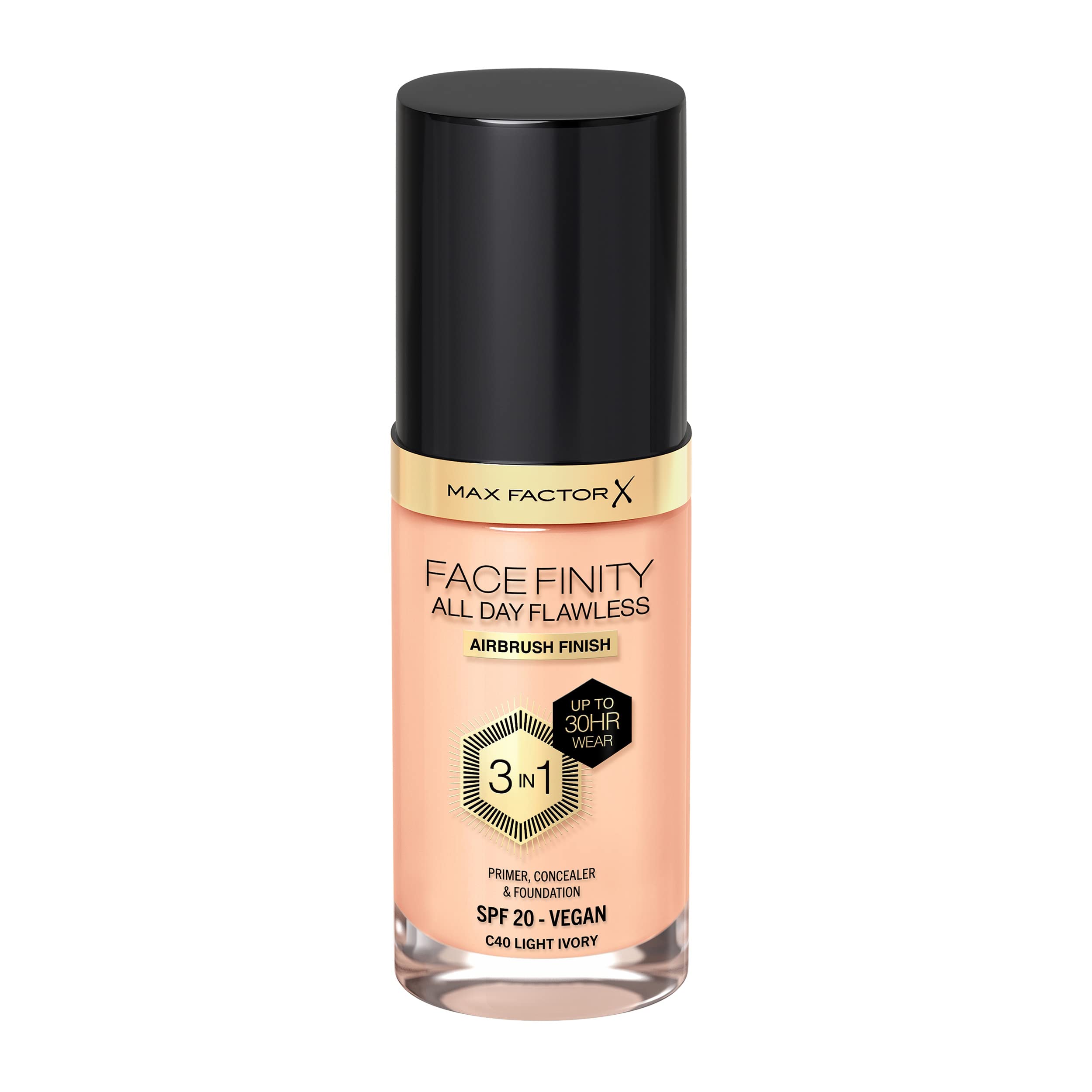 Max Factor Facefinity 3-in-1 All Day Flawless Liquid Foundation, SPF 20 - 40 Light Ivory, 30 ml