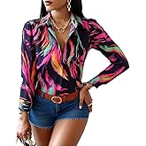 Blouses for Women Dressy Casual Colorful Long Sleeve Shirt Floral Print Tops Loose Collar Sexy T-Shirts Fashion 2023