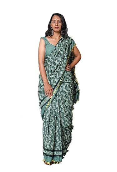 Green Cotton Hand Block Printed Saree with Blouse