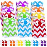 Cooraby  60 Pieces Paper Bags Waves Party Bags Flat Bottom Paper Bags Kraft Treat Bags with 96 Pieces Label Stickers for Party Favor