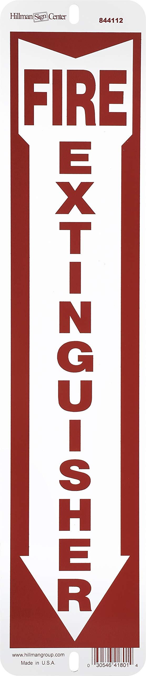 Hillman844112 White and Red Aluminum Fire Extinguisher Sign with Arrow Symbol, 4" x 18"