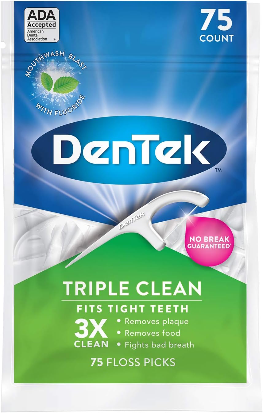 DenTek Triple Clean Advanced Clean Floss Picks, No Break & No Shred Floss, 75 Count, 3 Pack, Blue Green, 75 count (Pack of 3)
