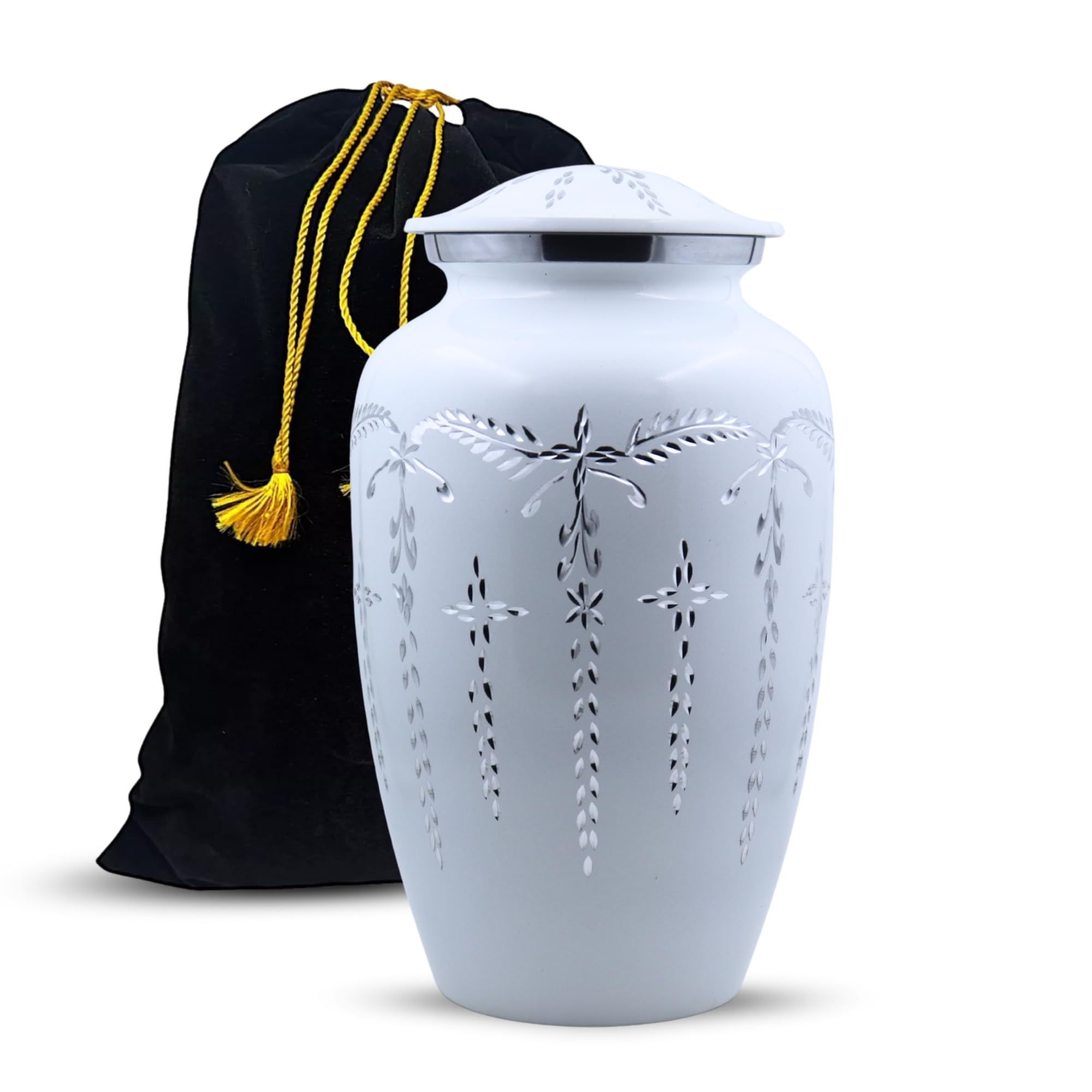 Aluminium Cremation Urn for Human Ashes Adult | Handcrafted Funeral Memorial Ashes Casket | Durable Ash Storage with Velvet Bag – Affordable Tribute (6.5" x 6.5" x 10.5" - 200lbs or 91kg, Matte White) — image 1