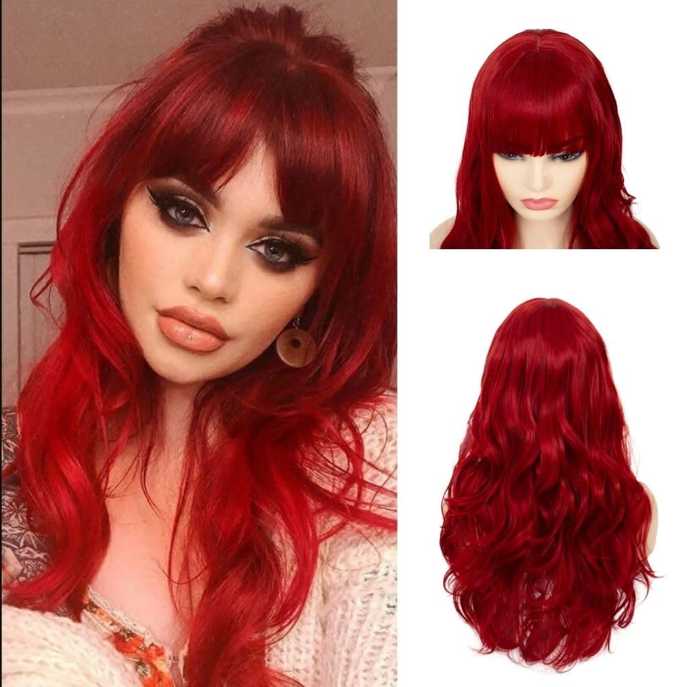 Siudus Red Curly Wig with Bangs Womens Long Wavy Synthetic Heat Resistant Fiber Hair Wig for Cosplay Costume Halloween Use — image 1
