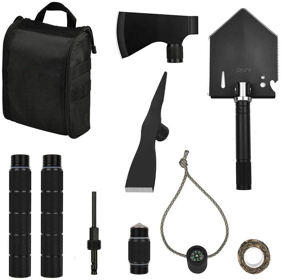 iunio Survival Off-Roading Tool Kit Folding Shovel Camping Axe Multitool Pickaxe with Carrying Bag for Outdoor Car Emergency