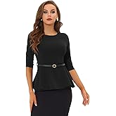 Allegra K Peplum Tops for Women's 3/4 Sleeve Belted Business Work Dressy Casual Blouses