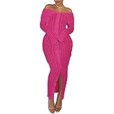 WMBFMWT Sexy Off Shoulder Dresses for Women Pleated See Through Long Sleeve Button Down Slit Bodycon Maxi Dress