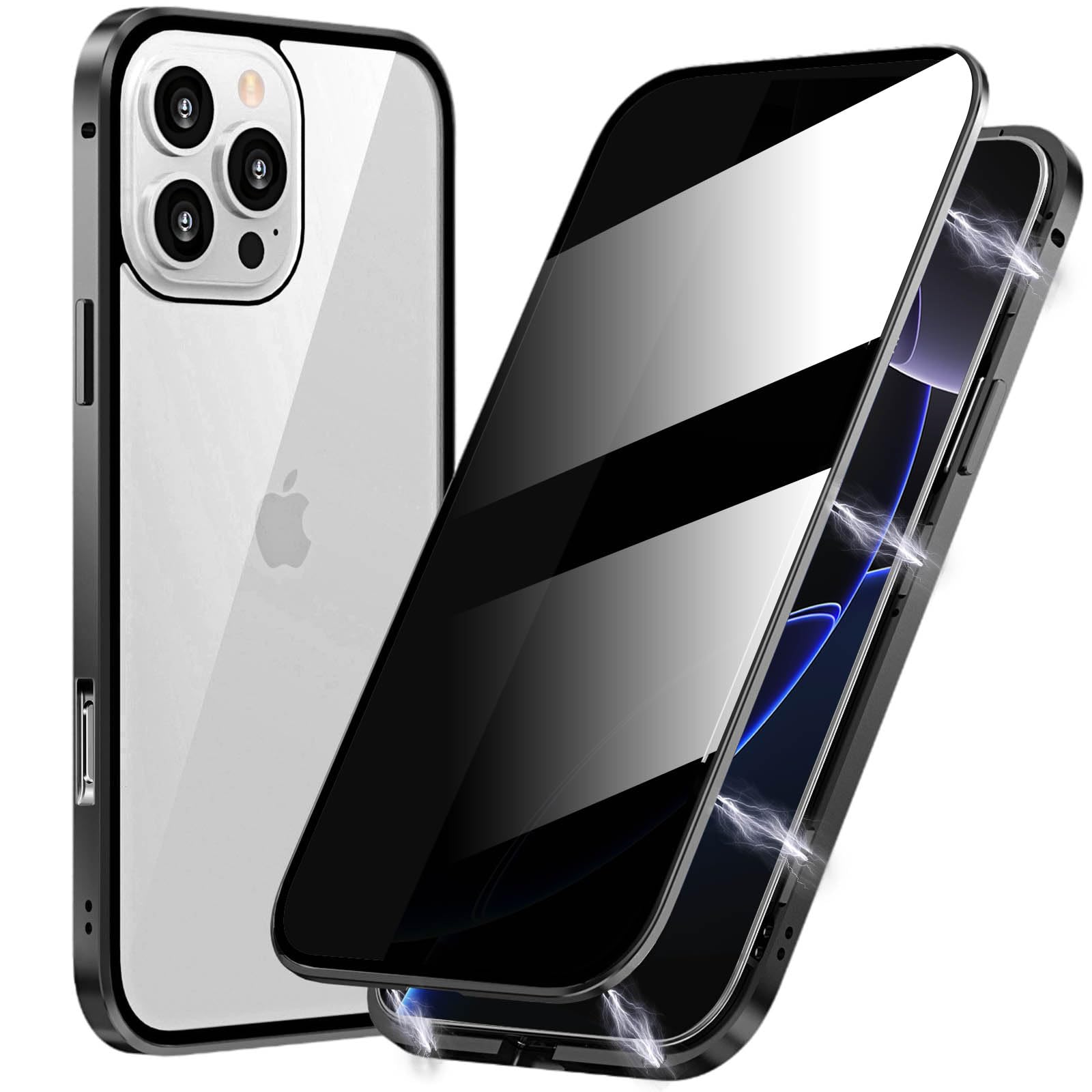 Photo 1 of Magnetic Privacy Case for iPhone 16 Pro Max, Anti peep Magnetic Adsorption Double Side Tempered Glass Full Body Case Privacy Screen Protector Metal Titanium Frame Clear Back Phone Case Cover Black