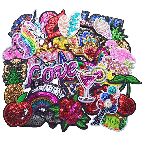 Qingxi Charm 32pcs Assorted Styles Sequins Sewing on/Iron on Embroidered Patches Clothes Dress Hat Pants Shoes Curtain Sewing Decorating DIY Craft Embarrassment Applique Patches (Sequins 32pcs)